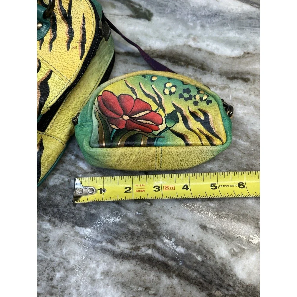 Anuschka Hand Painted Art Leather Tiger Leopard Hibiscus Satchel Purse W/Coin - Picture 5 of 16